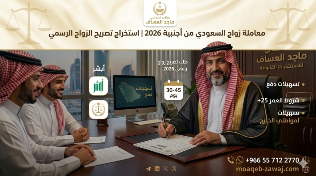 معاملة زواج السعودي من أجنبية 2026 | استخراج تصريح الزواج الرسمي