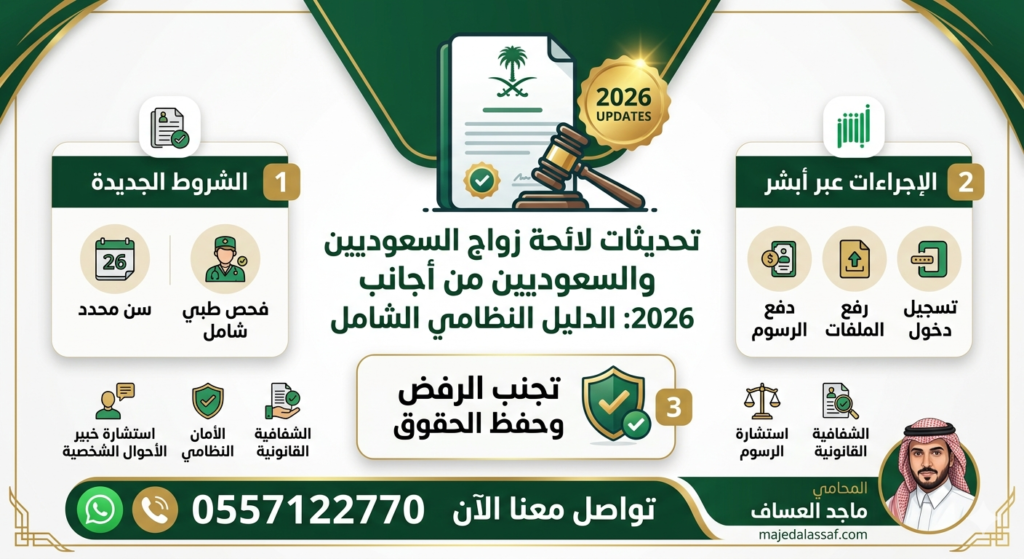 تعرف على أحدث تحديثات لائحة زواج السعوديين من أجانب لعام 2026. دليل شامل يشرح الشروط الجديدة، الإجراءات عبر أبشر، وكيفية تجنب رفض المعاملة مع مكتب المحامي ماجد العساف